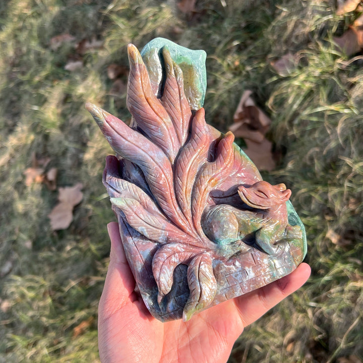 Unique Natural Carving Ocean Jasper Nine-Tailed Fox