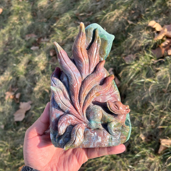 Unique Natural Carving Ocean Jasper Nine-Tailed Fox