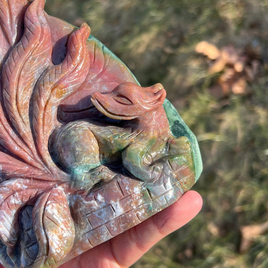 Unique Natural Carving Ocean Jasper Nine-Tailed Fox