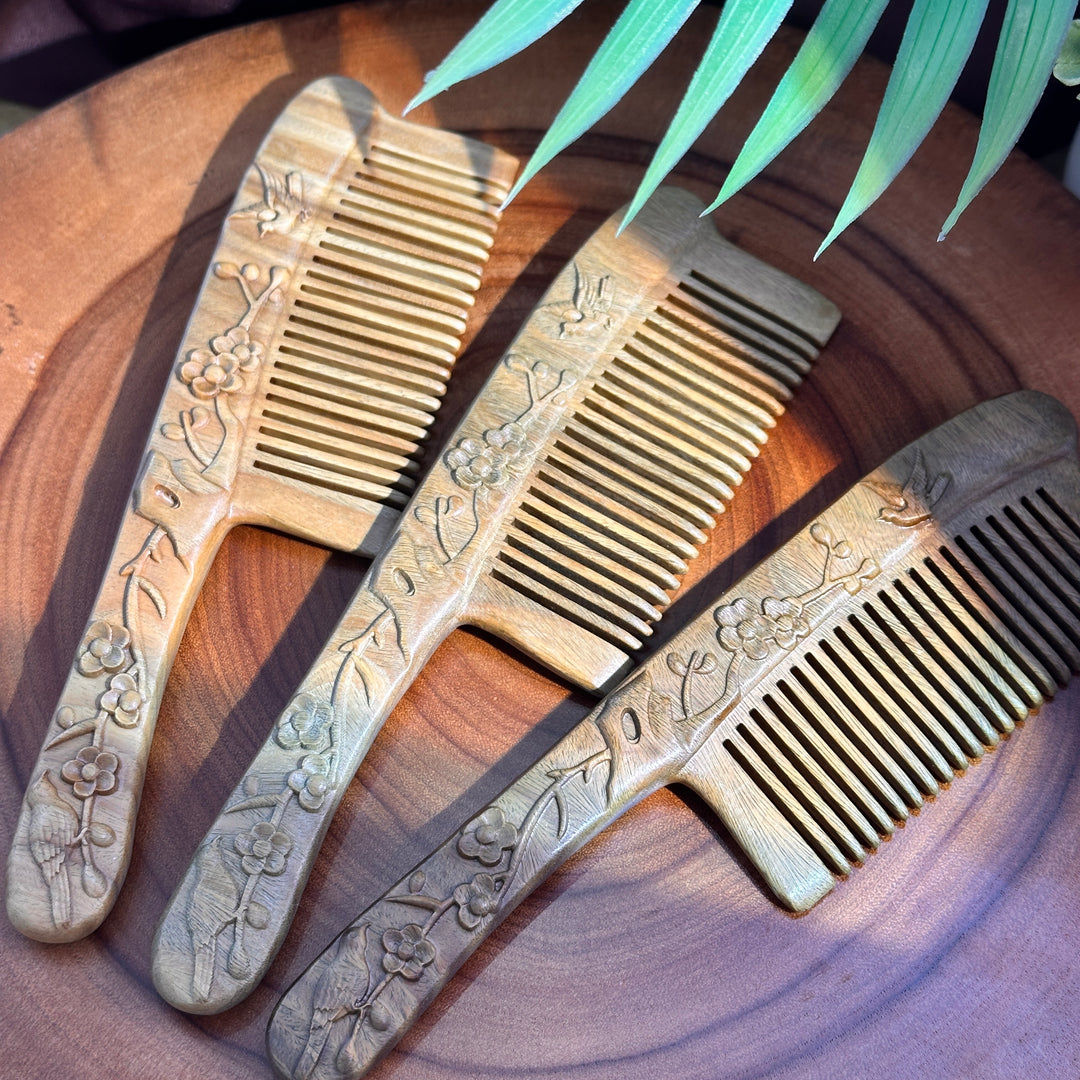 Green Sandalwood Birds & Blossoms Carved Comb