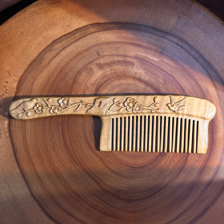Green Sandalwood Birds & Blossoms Carved Comb