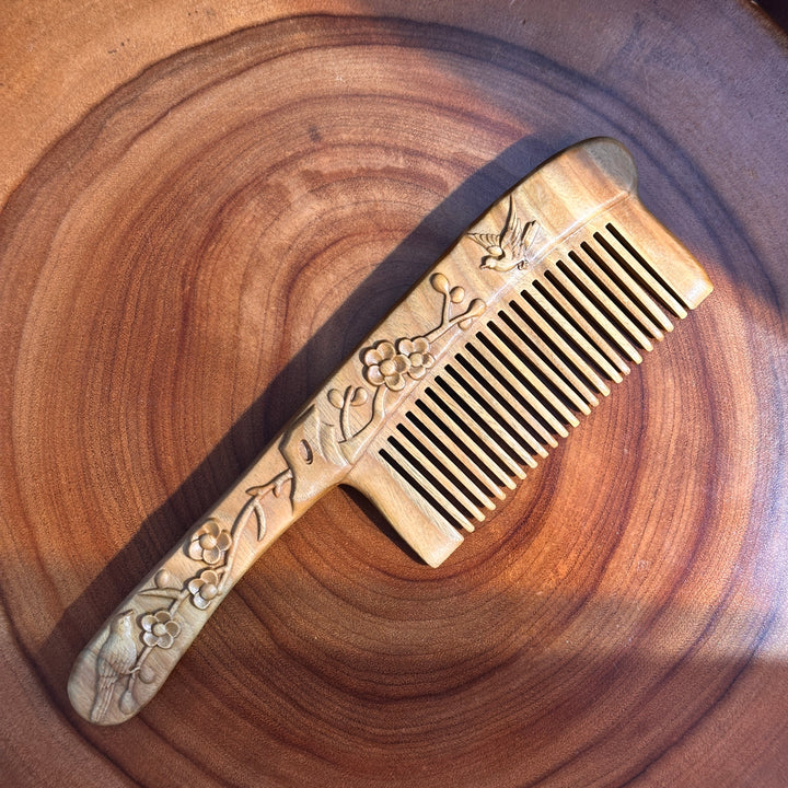 Green Sandalwood Birds & Blossoms Carved Comb