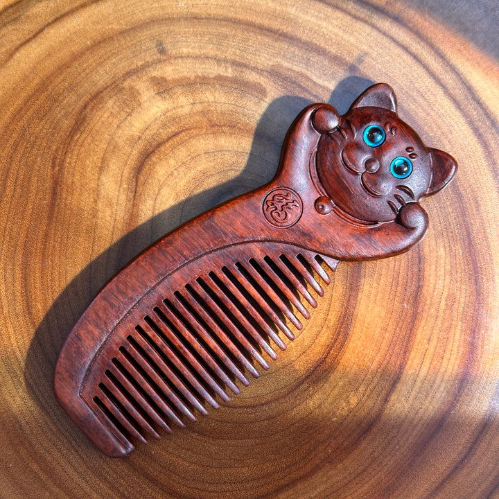 Purple Sandalwood Lucky Cat Carved Comb