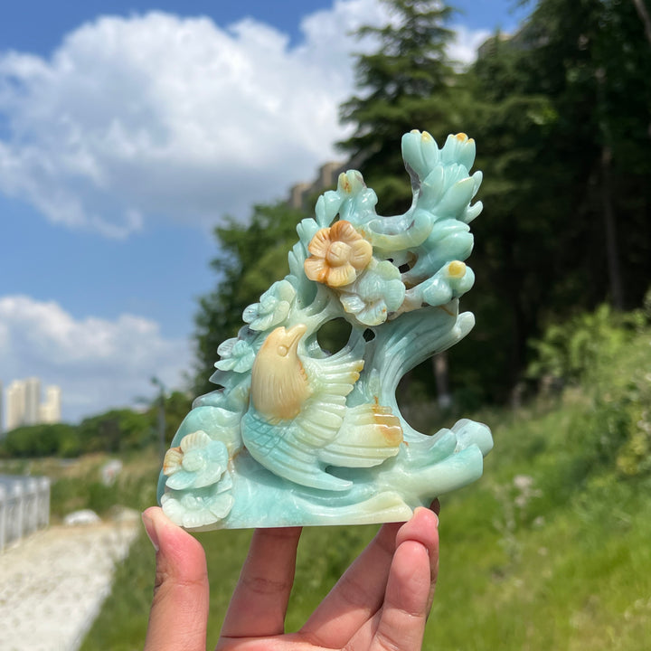 Unique,Natural Blue Quartzite Bird & Flower Carving