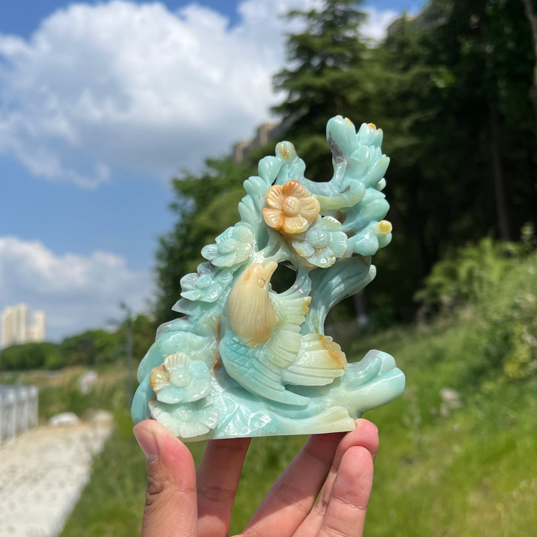 Unique,Natural Blue Quartzite Bird & Flower Carving
