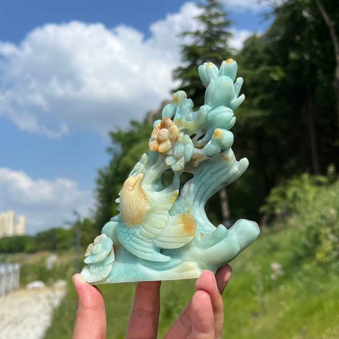 Unique,Natural Blue Quartzite Bird & Flower Carving