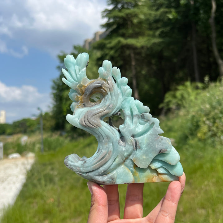 Unique,Natural Blue Quartzite Bird & Flower Carving