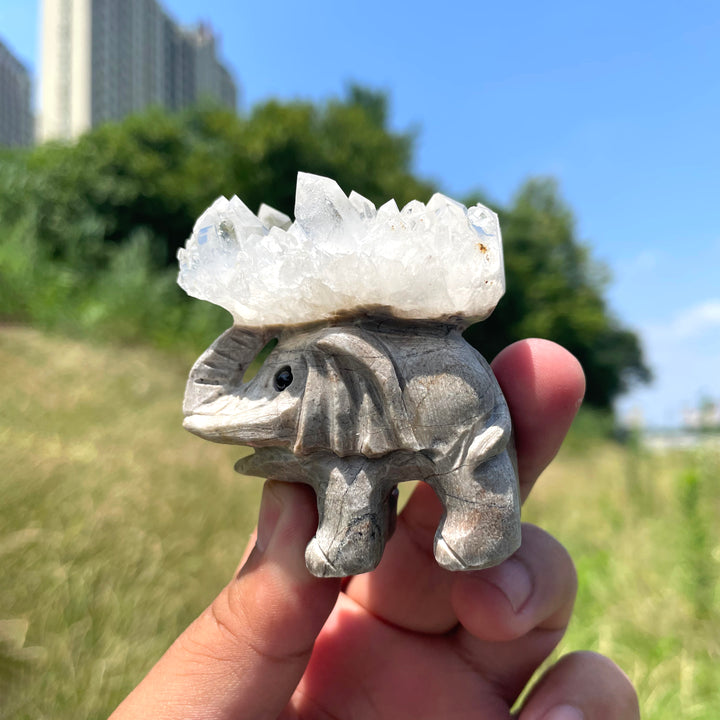 Unique,Natural Crystal Cluster Elephant Carving