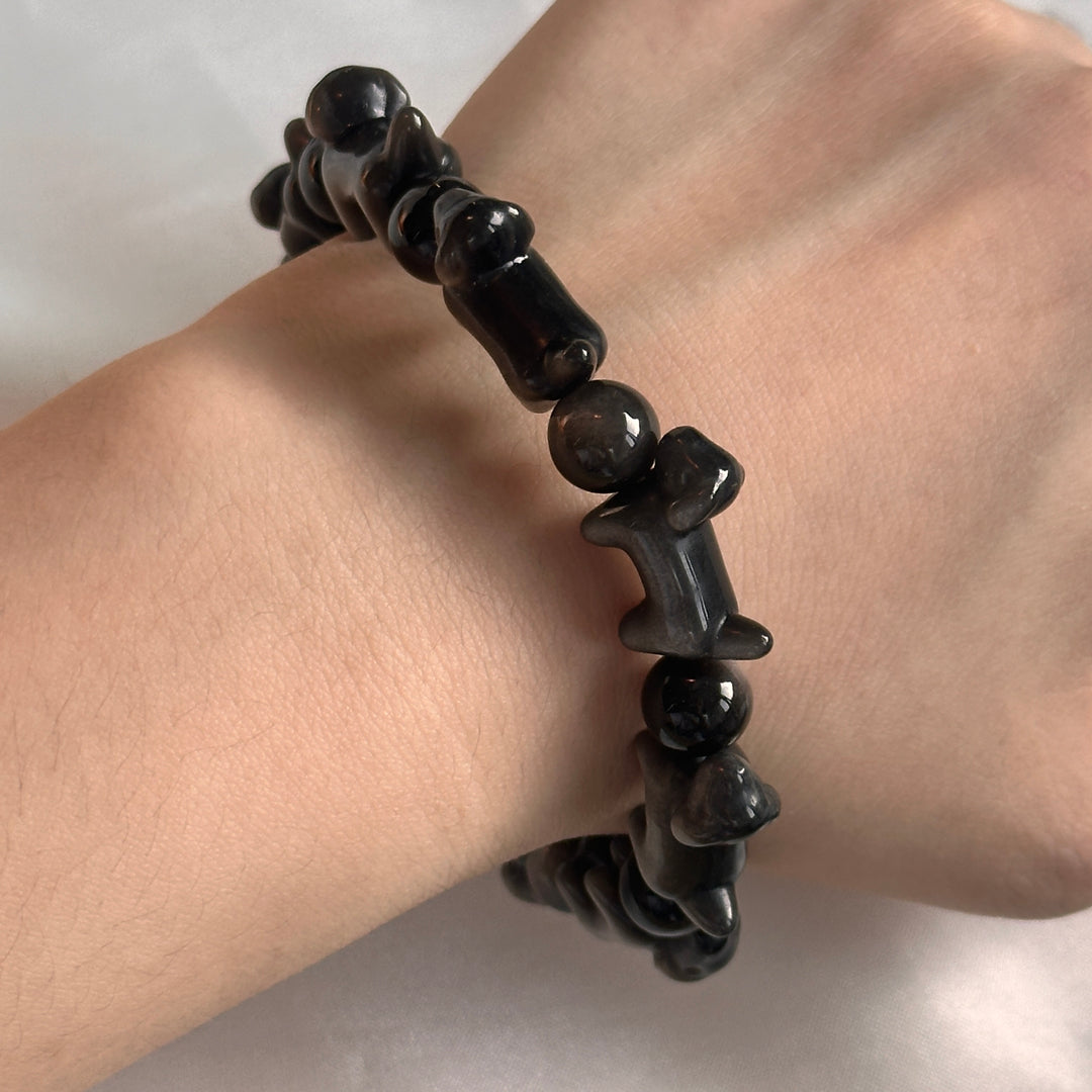Silver Obsidian Dog Bead Bracelet 14.0-14.2mm