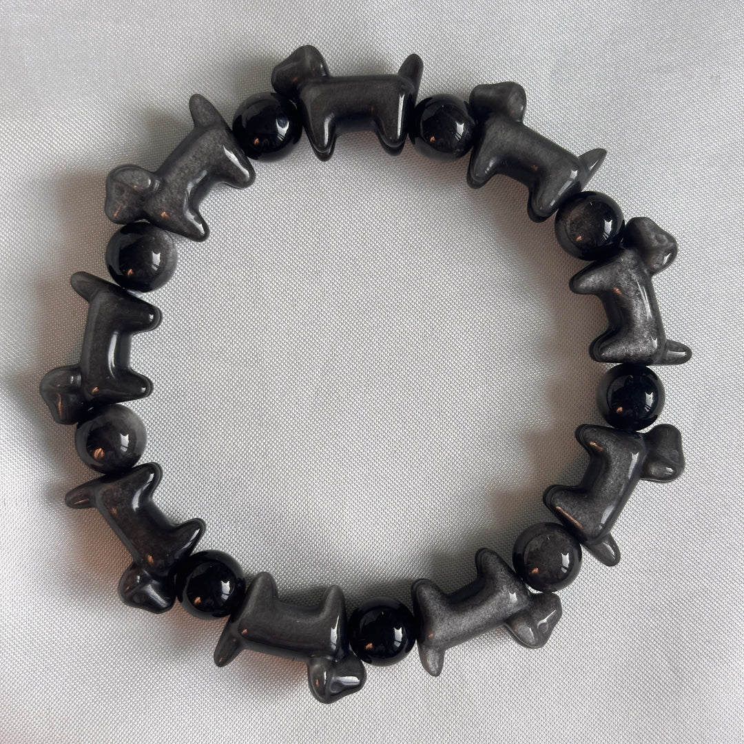 Silver Obsidian Dog Bead Bracelet 14.0-14.2mm