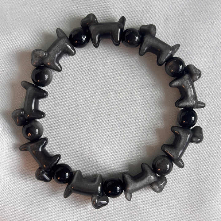 Silver Obsidian Dog Bead Bracelet 14.0-14.2mm