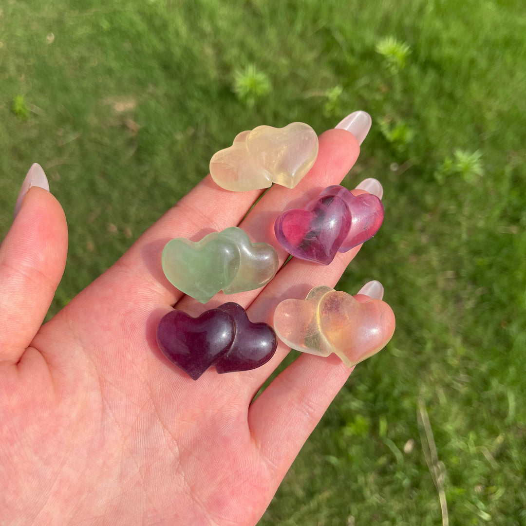 Natural Crystal Fluorite Mini Double Heart Carving