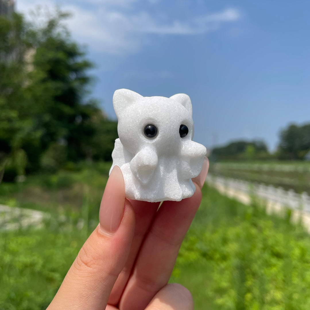 Natural White Jade Cute Waving Ghost Carving