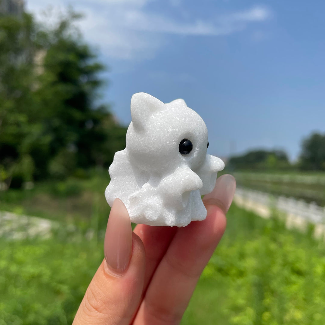 Natural White Jade Cute Waving Ghost Carving