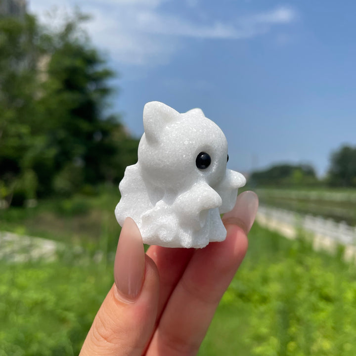 Natural White Jade Cute Waving Ghost Carving