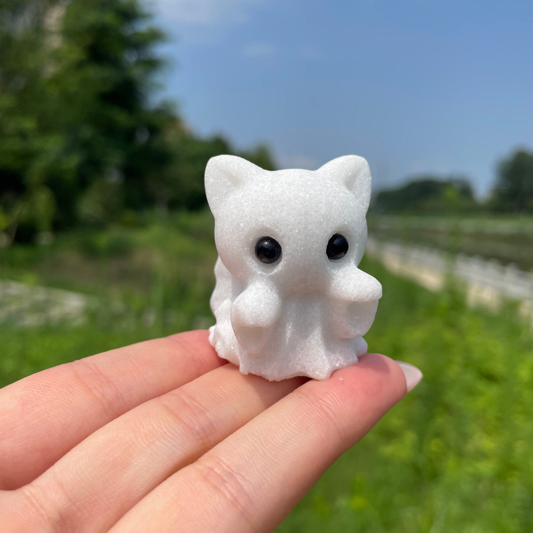 Natural White Jade Cute Waving Ghost Carving