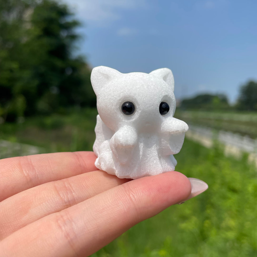 Natural White Jade Cute Waving Ghost Carving