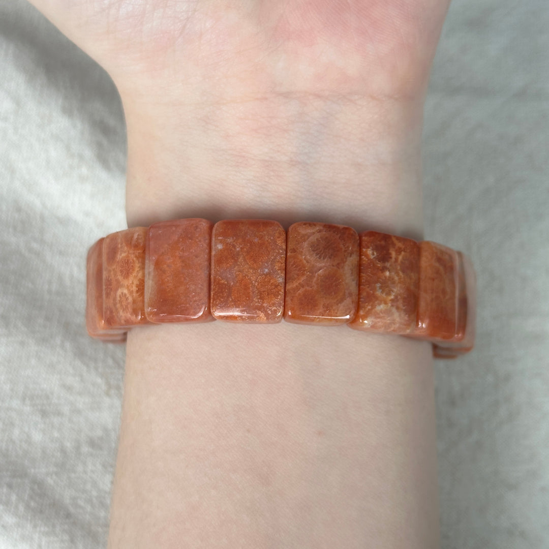Coral Fossil Square Bead Bracelet 15.8-18.4mm