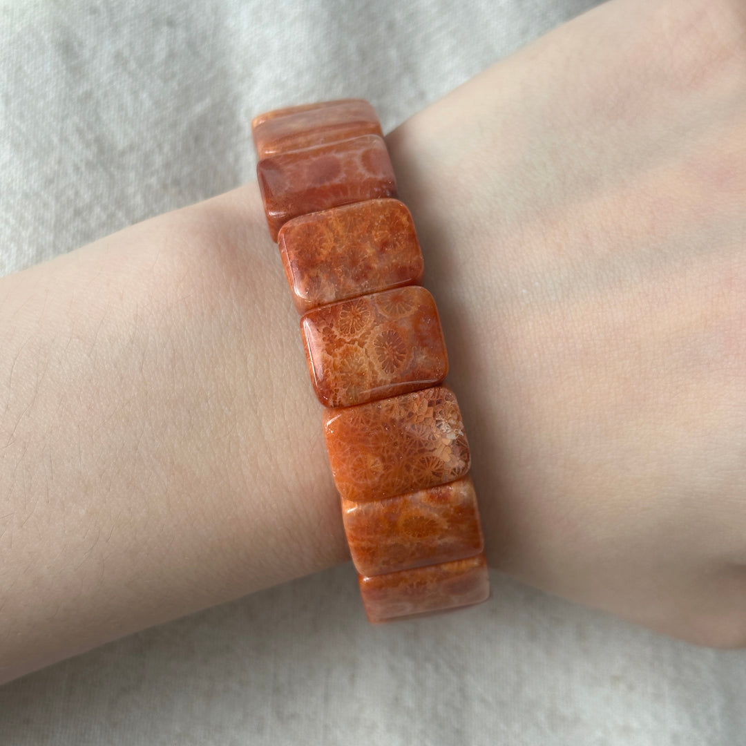 Coral Fossil Square Bead Bracelet 15.8-18.4mm