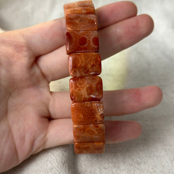 Coral Fossil Square Bead Bracelet 15.8-18.4mm