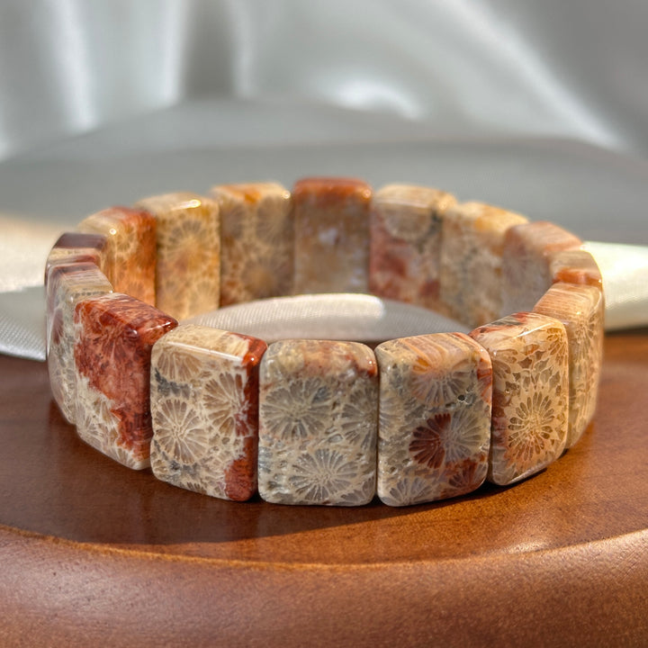Coral Fossil Square Bead Bracelet 15.8-18.4mm
