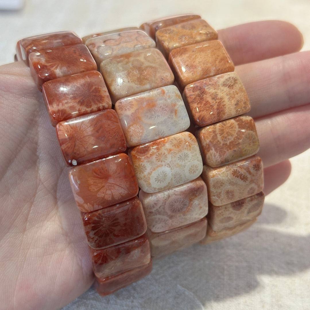 Coral Fossil Square Bead Bracelet 15.8-18.4mm