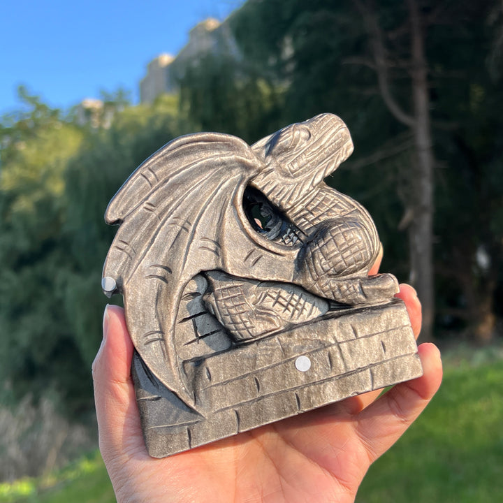 Unique Silver Obsidian Dragon Carving