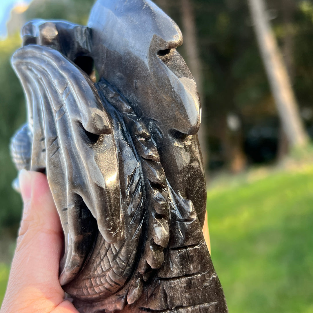 Unique Silver Obsidian Dragon Carving
