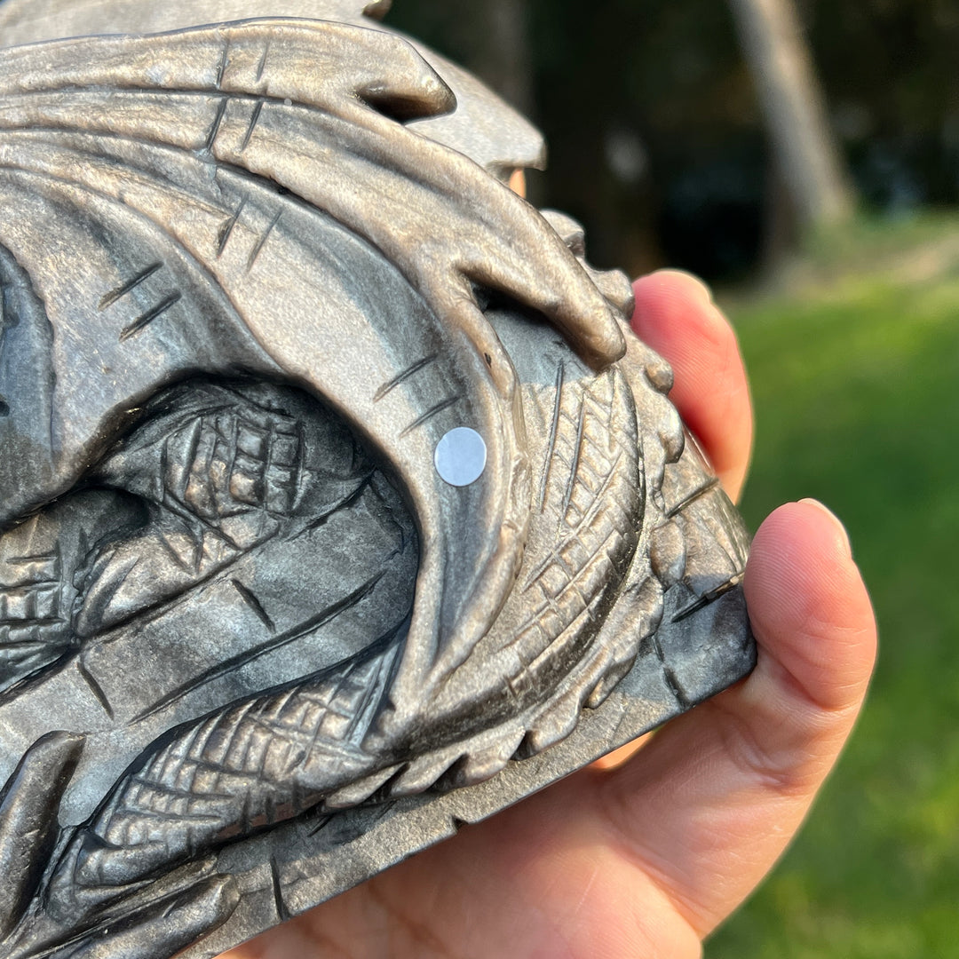 Unique Silver Obsidian Dragon Carving