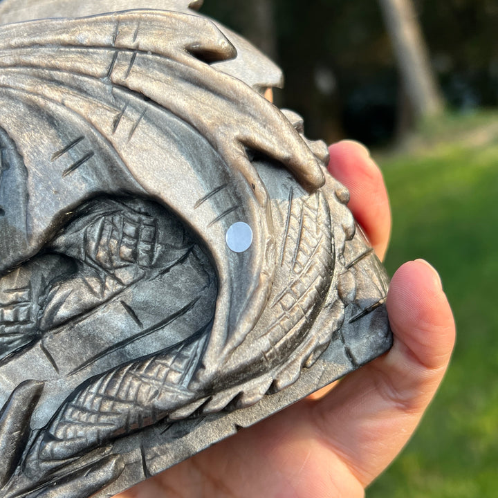 Unique Silver Obsidian Dragon Carving