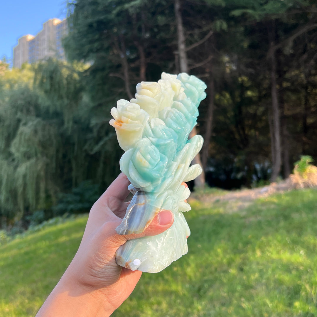 Unique Blue Quartzite Flower Bouquet Carving