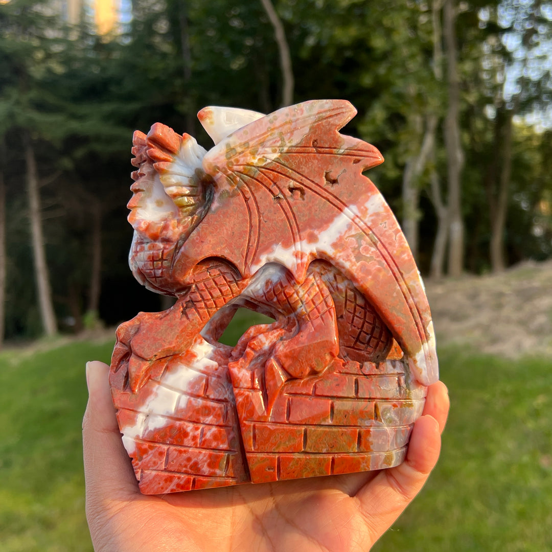 Unique Red Ocean Jasper Dragon Sculpture