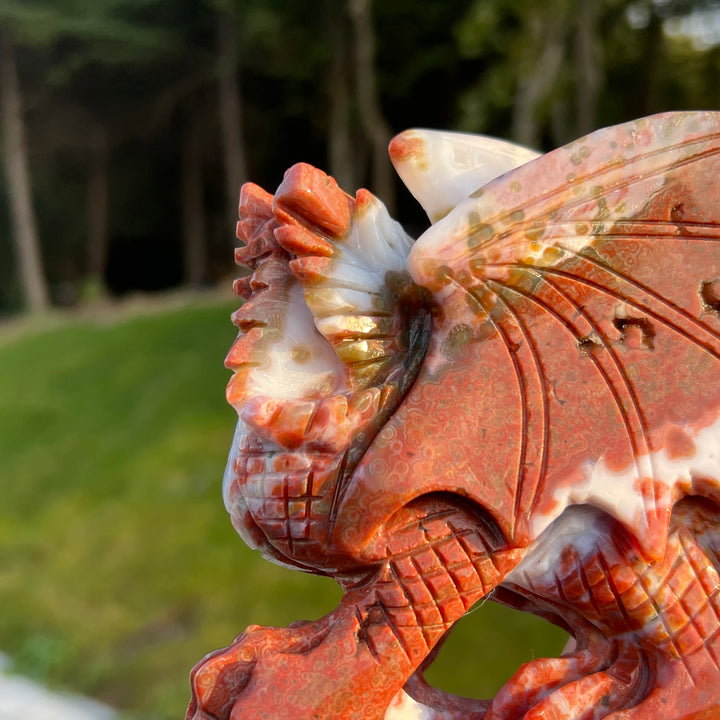 Unique Red Ocean Jasper Dragon Sculpture