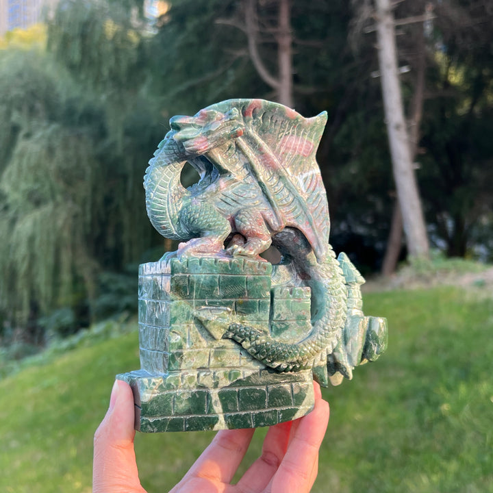 Unique Ocean Jasper Castle Dragon Carving