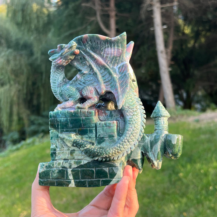 Unique Ocean Jasper Castle Dragon Carving