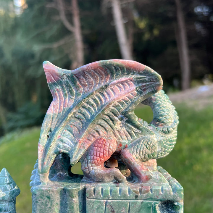 Unique Ocean Jasper Castle Dragon Carving