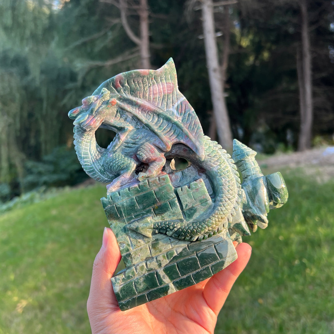 Unique Ocean Jasper Castle Dragon Carving