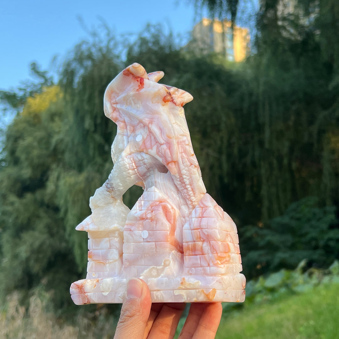 Unique Flower Agate Castle Dragon Carving
