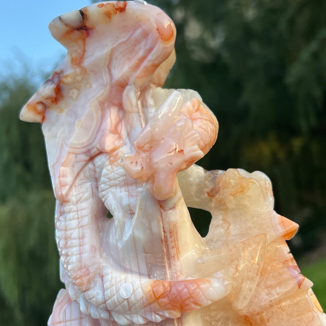 Unique Flower Agate Castle Dragon Carving