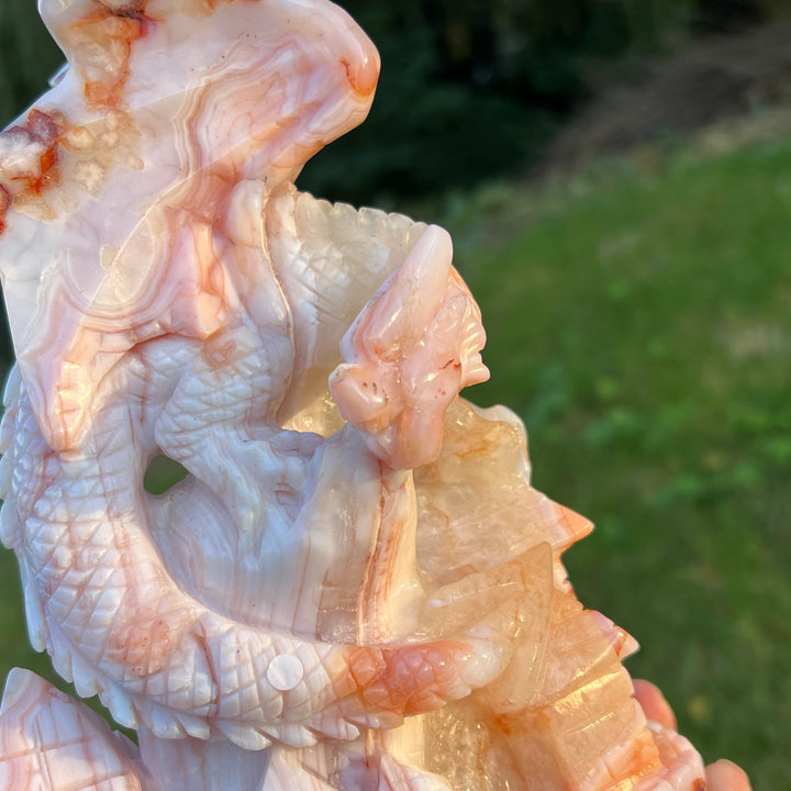 Unique Flower Agate Castle Dragon Carving