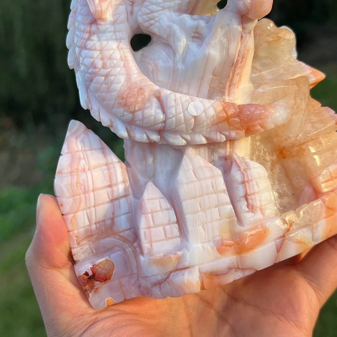 Unique Flower Agate Castle Dragon Carving