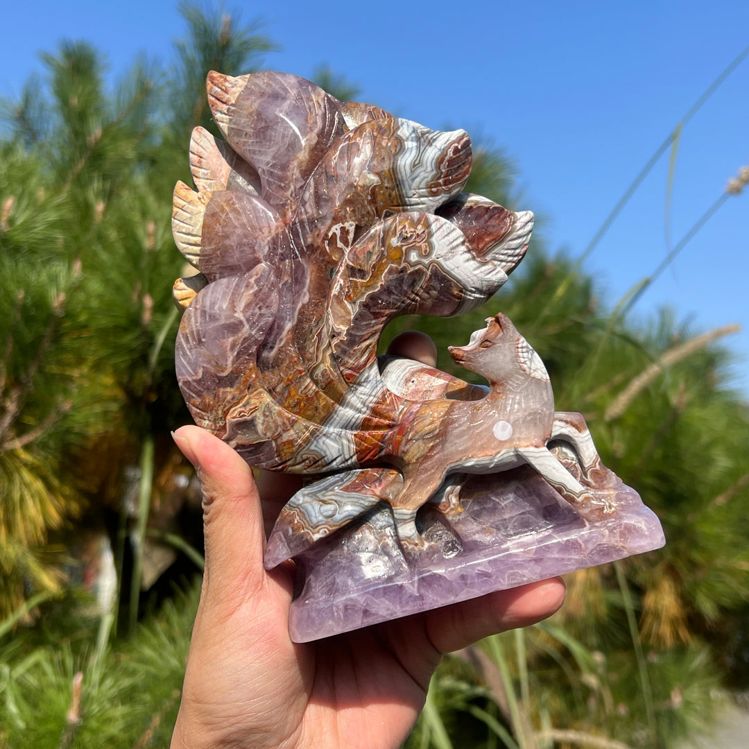 Unique Handmade Carving Amethyst Agate Nine-Tailed Fox