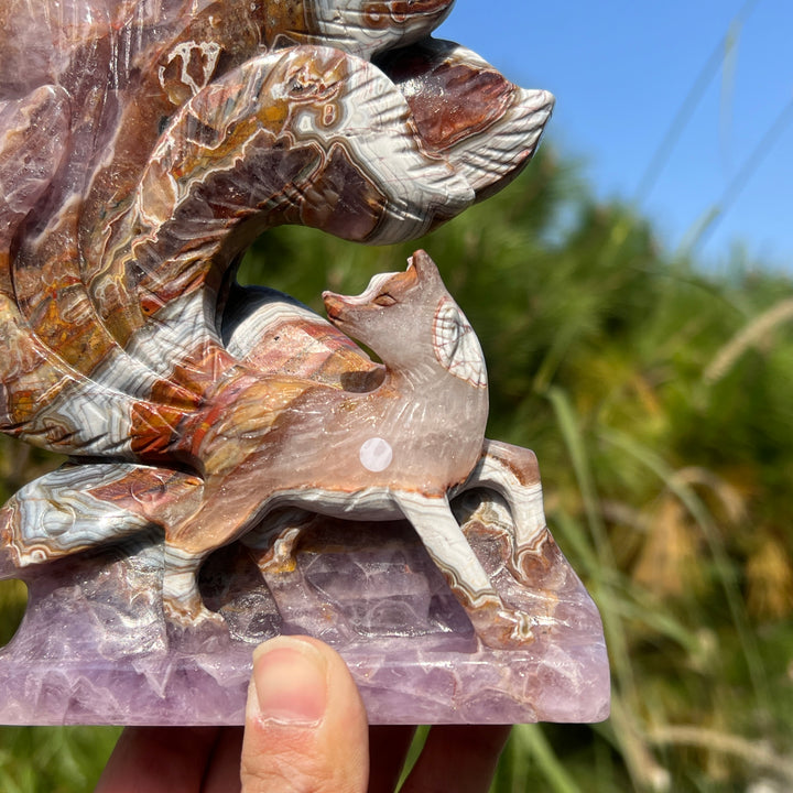 Unique Handmade Carving Amethyst Agate Nine-Tailed Fox