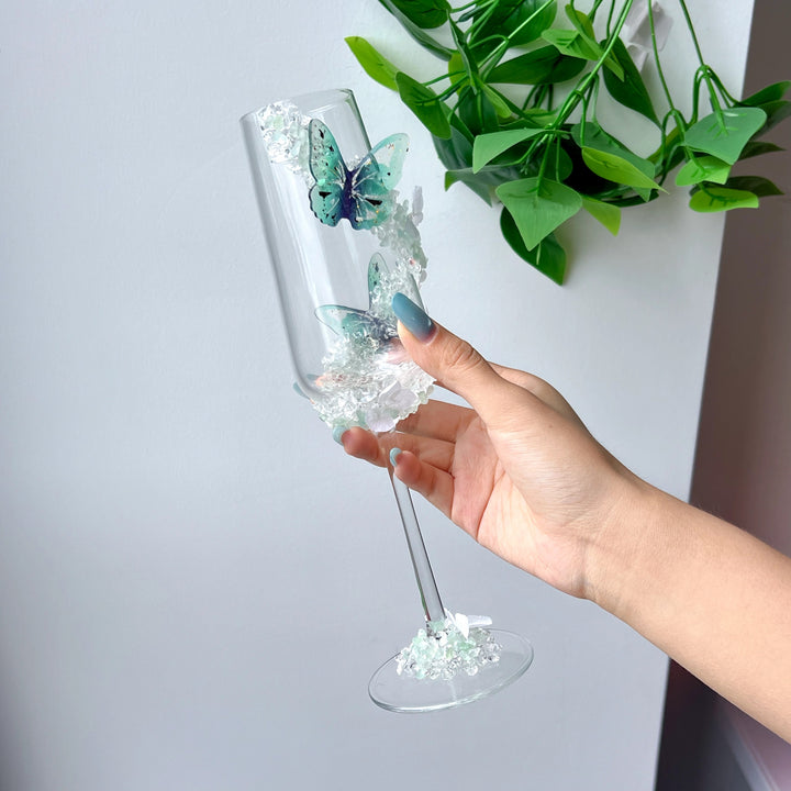 Handmade Clear Quartz & Green Fluorite Wine Glass | Crystal Decorative Goblet