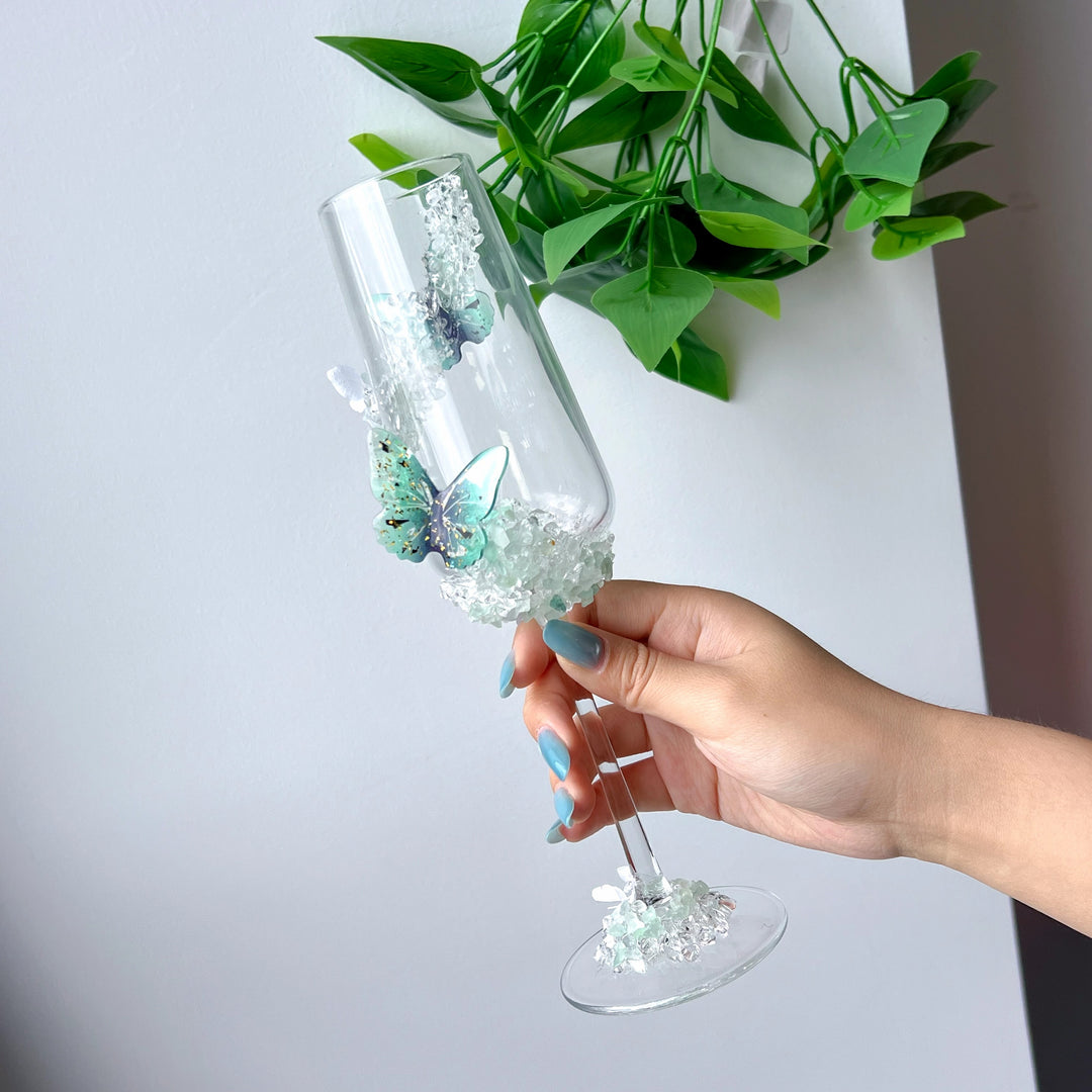 Handmade Clear Quartz & Green Fluorite Wine Glass | Crystal Decorative Goblet