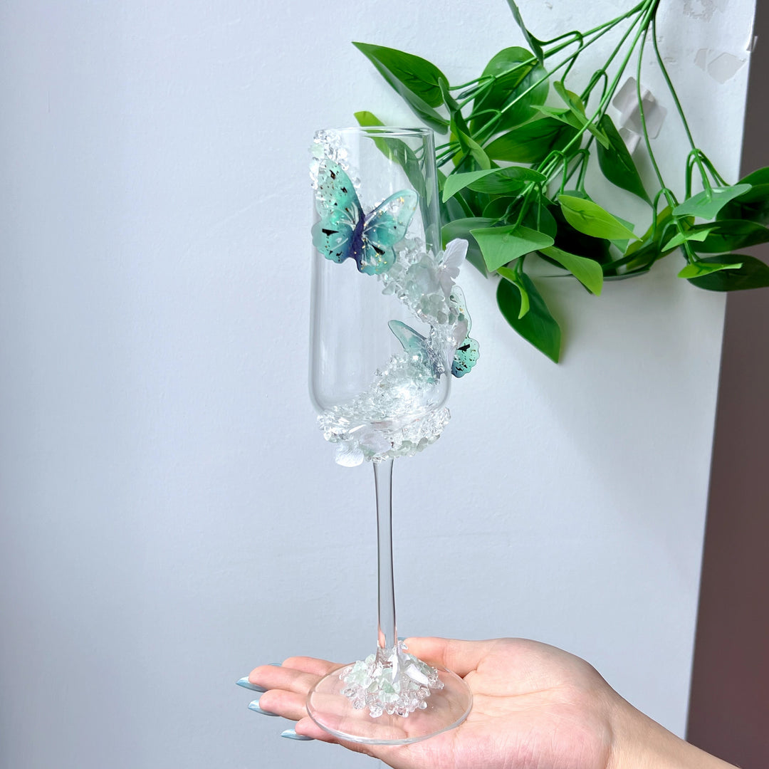 Handmade Clear Quartz & Green Fluorite Wine Glass | Crystal Decorative Goblet