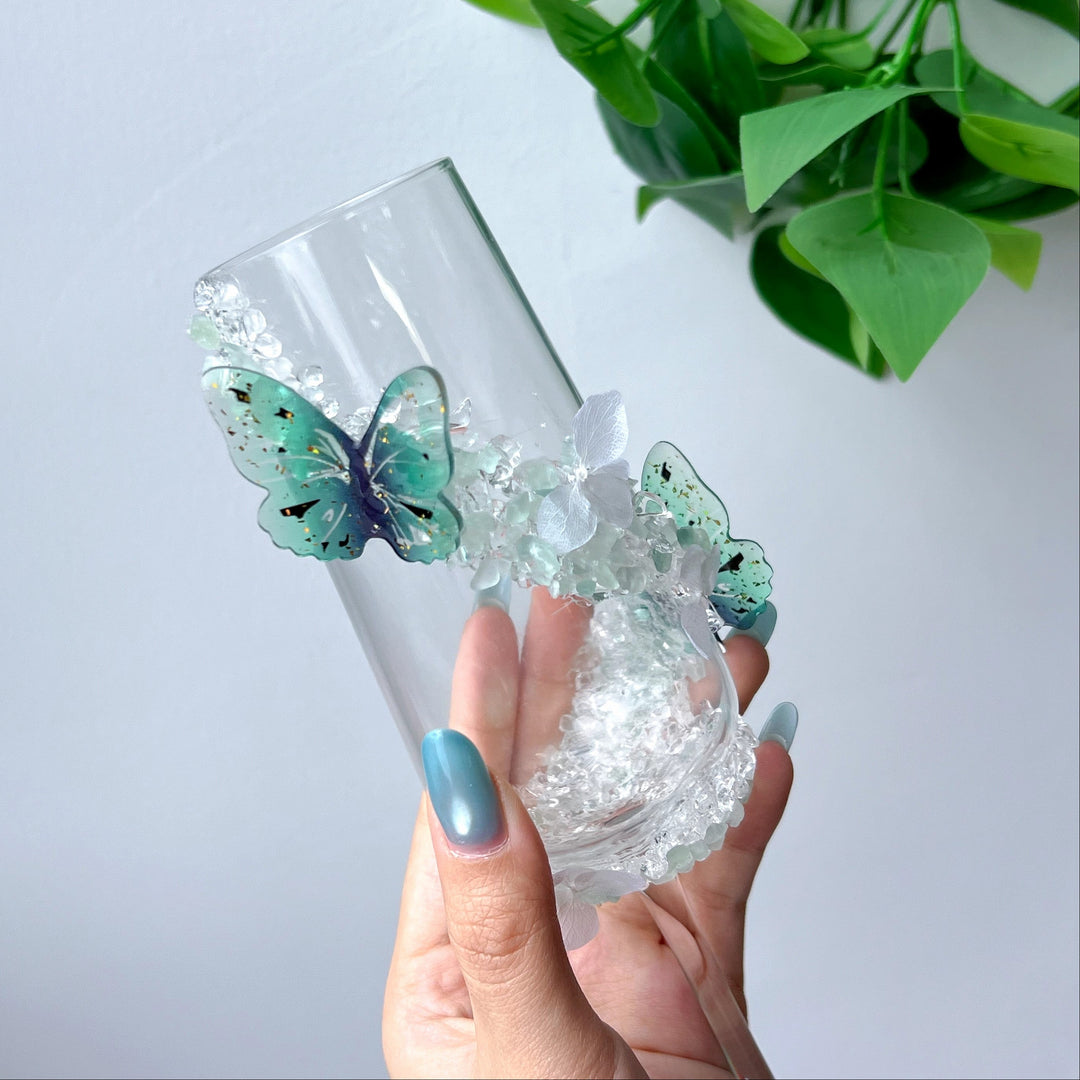 Handmade Clear Quartz & Green Fluorite Wine Glass | Crystal Decorative Goblet