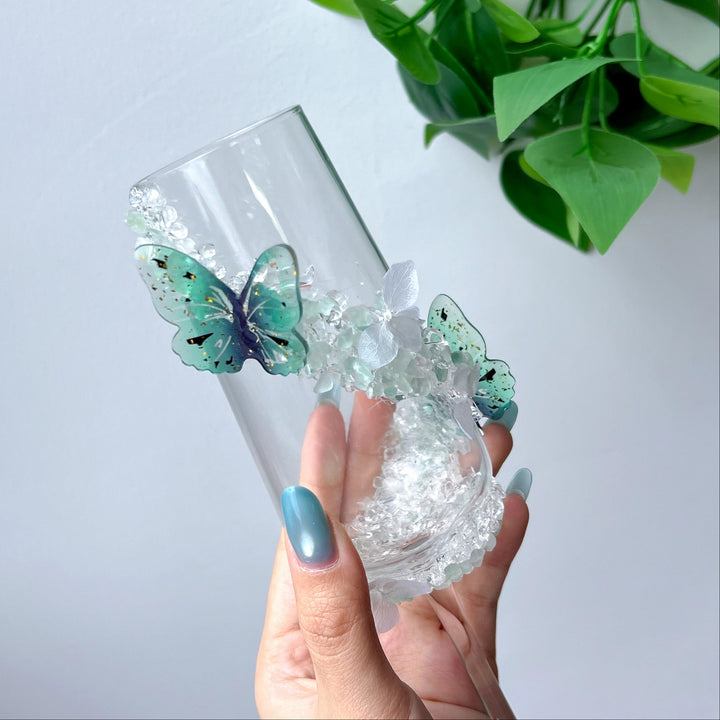 Handmade Clear Quartz & Green Fluorite Wine Glass | Crystal Decorative Goblet