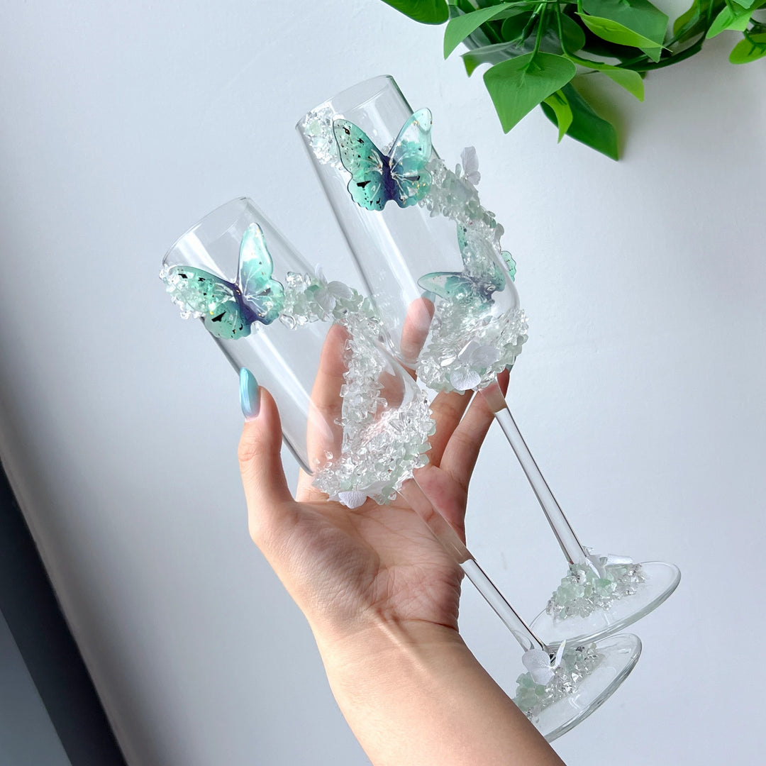 Handmade Clear Quartz & Green Fluorite Wine Glass | Crystal Decorative Goblet
