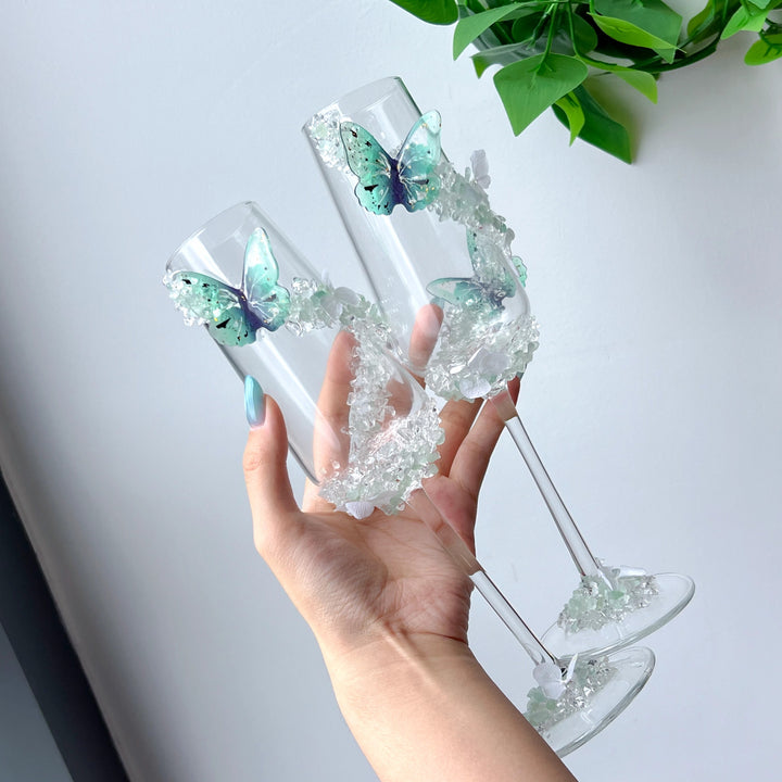 Handmade Clear Quartz & Green Fluorite Wine Glass | Crystal Decorative Goblet